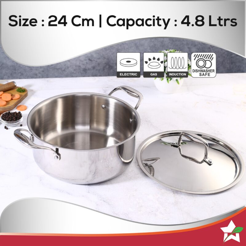 Nigella Tri-ply Stainless Steel 24 cm Casserole | 4.8 Litres | 2.6mm Thickness | Induction base | Compatible with all cooktops | Riveted Cool-Touch Handle | 10 Year Warranty - Image 6