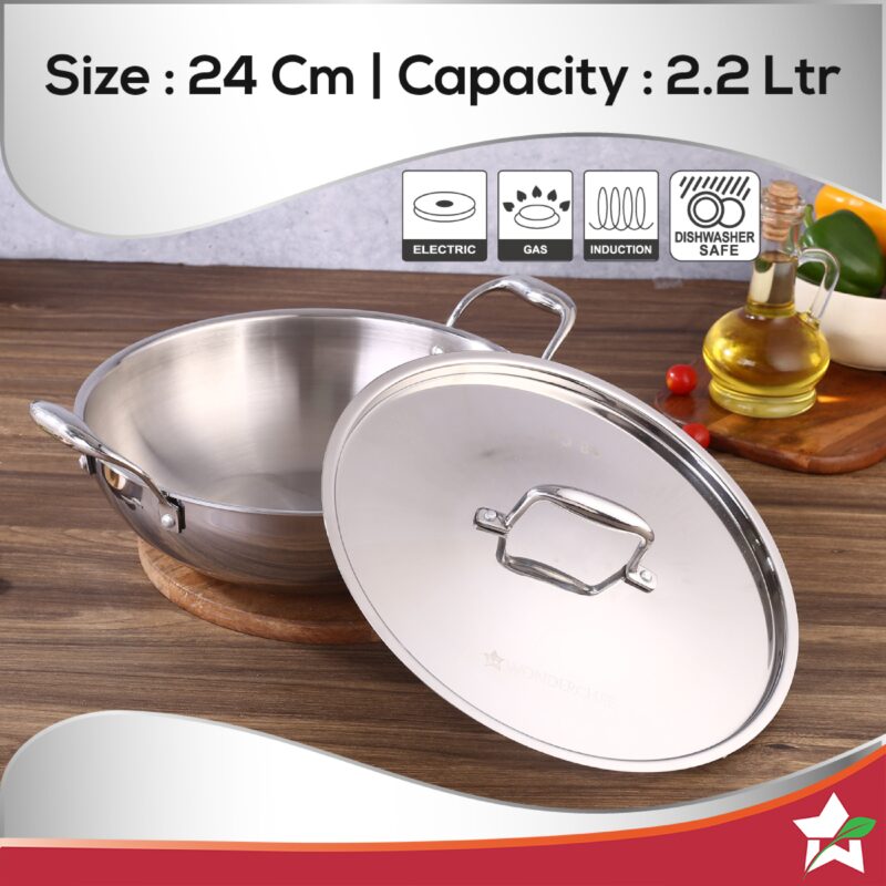 Nigella Tri-ply Stainless Steel 24 cm Kadhai with Lid | 2.2 Litres | 2.6mm Thickness | Kadhai with Induction base | Compatible with all cooktops | Riveted Cool-Touch Handle | 10 Year Warranty - Image 6