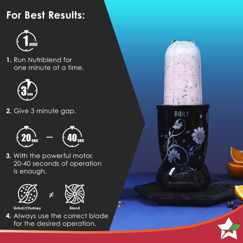 Nutri-blend BOLT Mixer, Grinder, Blender & Smoothie Maker | 600W 22000 RPM 100% Full Copper Motor | Stainless steel Blades | 2 unbreakable jars with Sipper lid | 2 Year warranty | Recipe book by Chef Sanjeev Kapoor | Black - Image 6