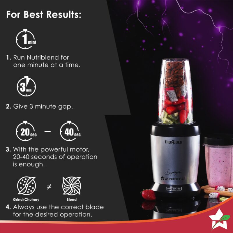 Nutri-blend Thunder Mixer, Grinder, Blender & Smoothie Maker | 1000W 22000 RPM 100% Full Copper Motor | SS 6-Blade Assembly | 2 Unbreakable Tritan Jars | 2 Years Warranty | Recipe Book By Chef Sanjeev Kapoor | Black Silver - Image 6