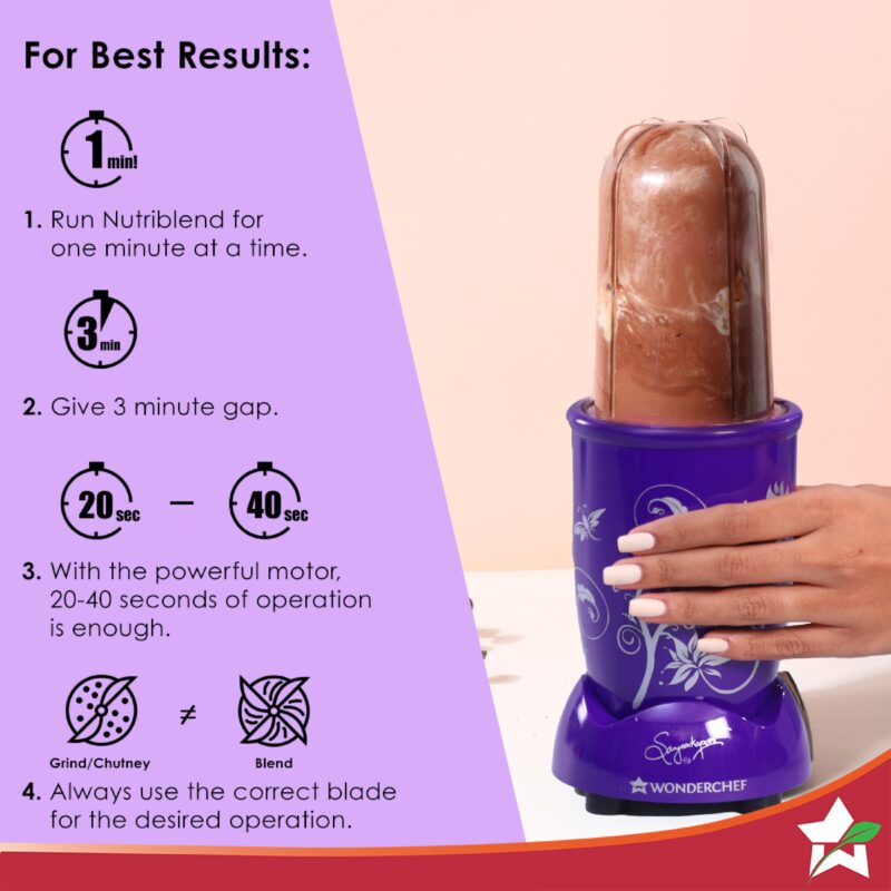 Nutri-blend Juicer, Mixer, Grinder, Blender & Smoothie Maker | 500W 22000 RPM 100% Full Copper Motor | Stainless steel Blades | 3 unbreakable jars | 2 Years warranty | Recipe book by Chef Sanjeev Kapoor | Purple - Image 6