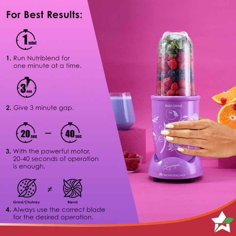 Nutri Blend Orchid, 22000 RPM 100% Full Copper Motor, 2 Unbreakable Jars, 400 W, 2 Years Warranty, Recipe book by Chef Sanjeev Kapoor, Orchid - Image 7