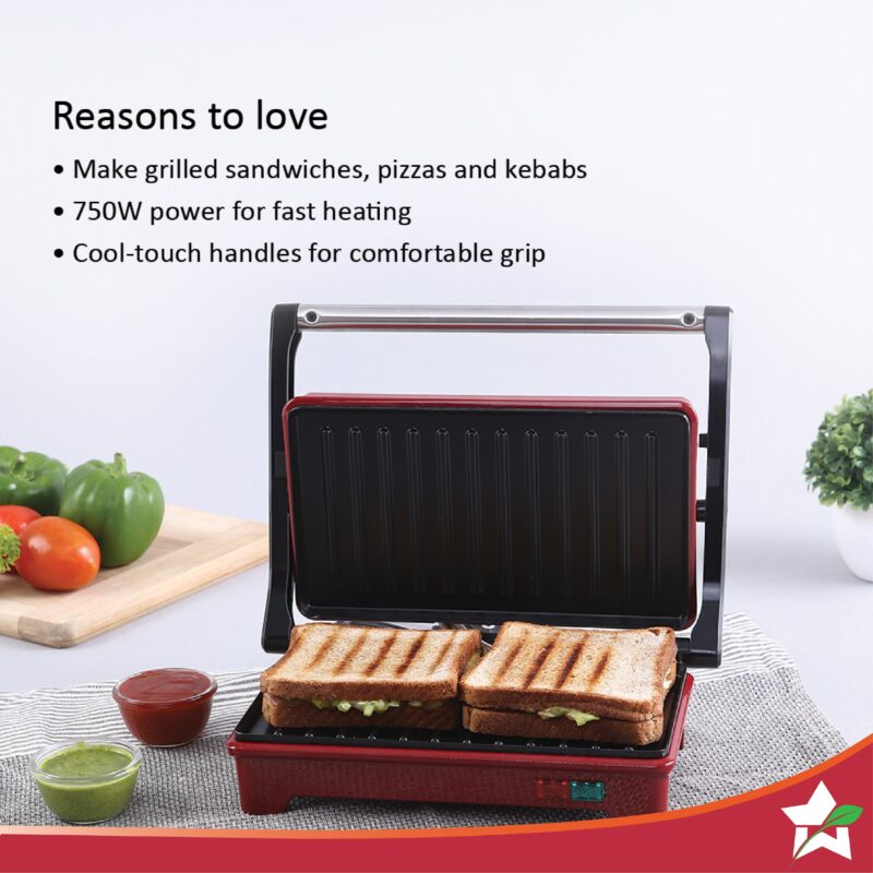 Sanjeev Kapoor Tandoor Mini Plus | Crimson Edge Electric Contact Grill & Sandwich Maker| 3-in-1 Toaster, Griller & Sandwich Maker| Cool Touch Handle|Auto Shut Off | 1 Year Warranty| Red - Image 6