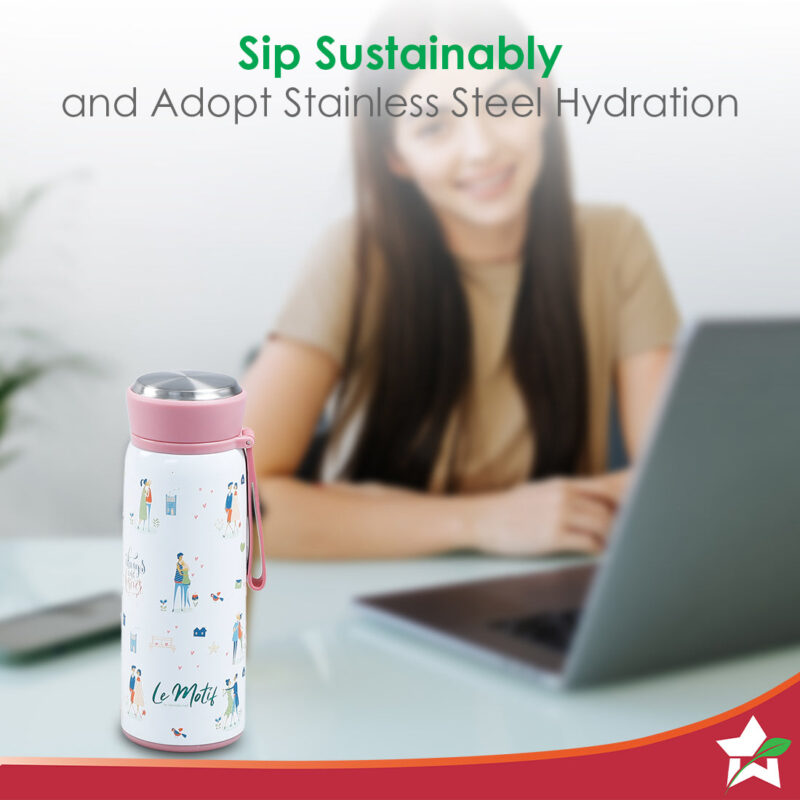 Le Motif L'amour, 420ml, Stainless Steel Double wall Water Bottle, 3D Embossed Design, Spill & Leak Proof, 2 Years Warranty - Image 3