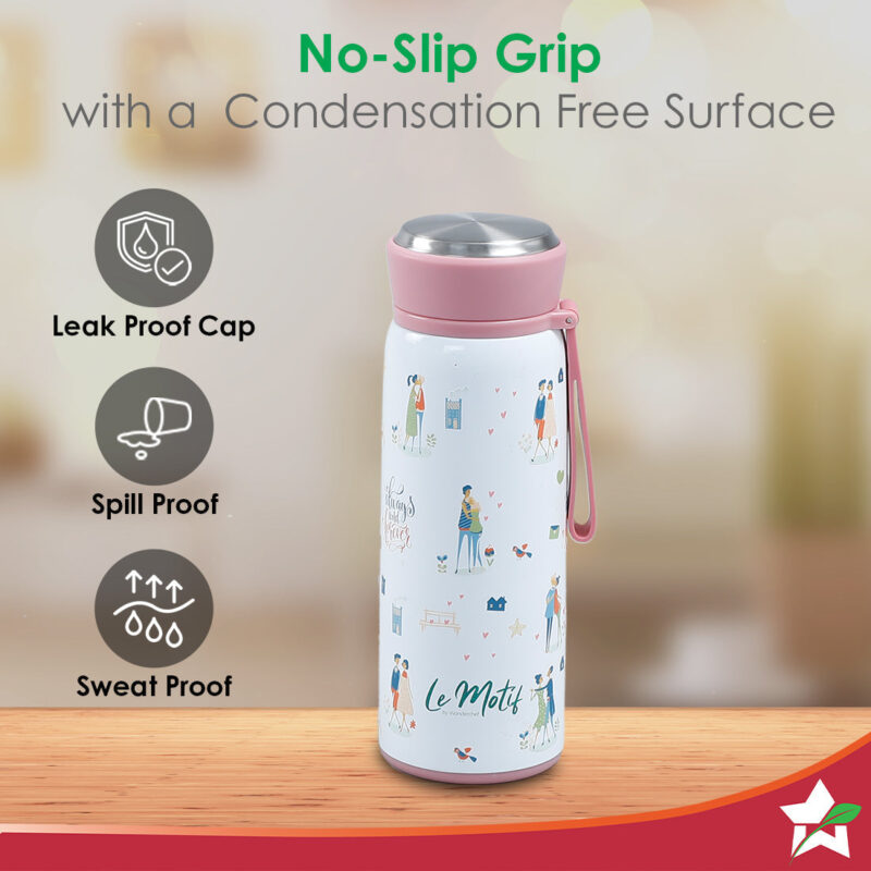Le Motif L'amour, 420ml, Stainless Steel Double wall Water Bottle, 3D Embossed Design, Spill & Leak Proof, 2 Years Warranty - Image 5