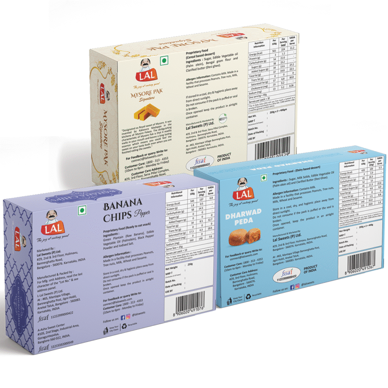 Mysore pak signature 400g, Dharwad peda 400g, Banana chips pepper 250g