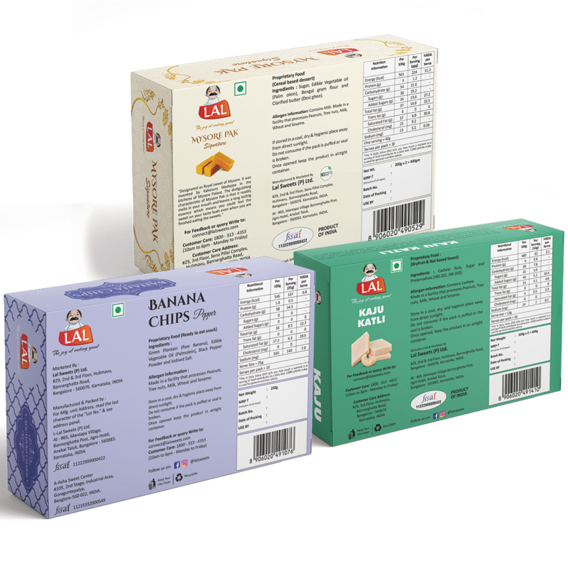 Mysore pak signature 400g, Banana chips pepper 250g and Kaju katli 400g