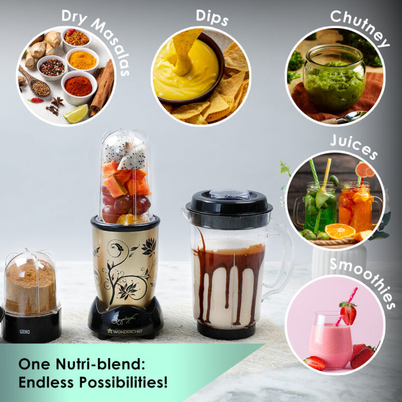 Nutri-blend Juicer, Mixer, Grinder, Blender & Smoothie Maker | 500W 22000 RPM 100% Full Copper Motor | Stainless steel Blades | 3 unbreakable jars | 2 Years warranty | Recipe book by Chef Sanjeev Kapoor | Champagne - Image 2