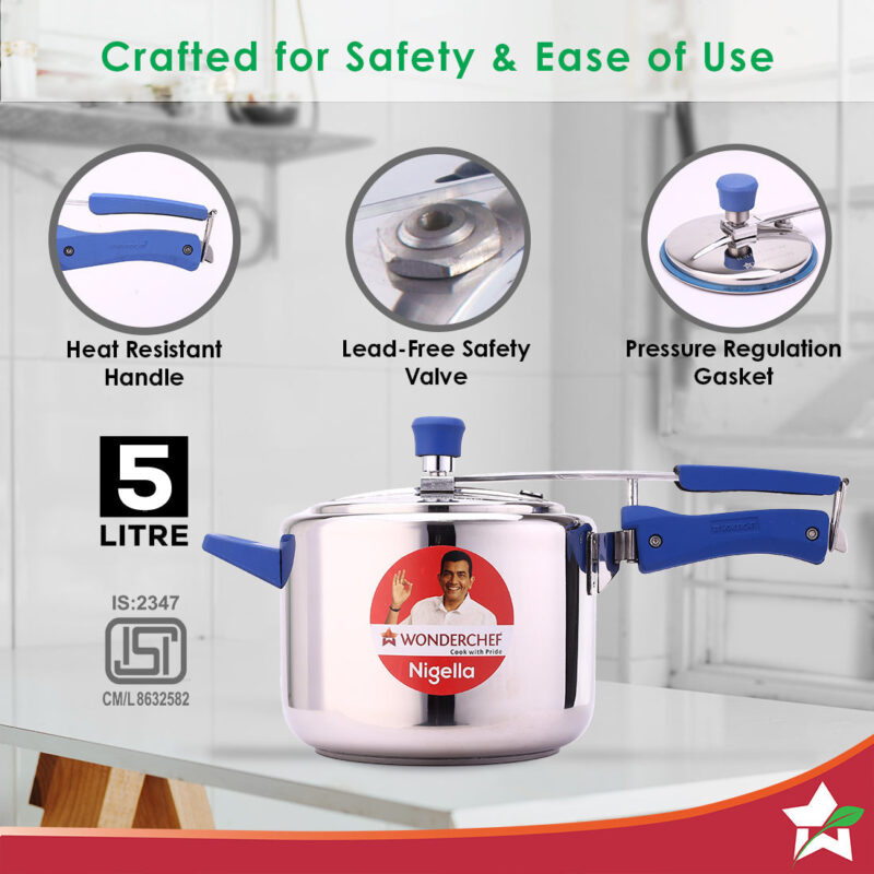 Nigella Inner Lid 5L Stainless Steel Pressure cooker, Gas Stove & Induction Friendly, Silver, 5 year warranty , ISI Certified - Image 3