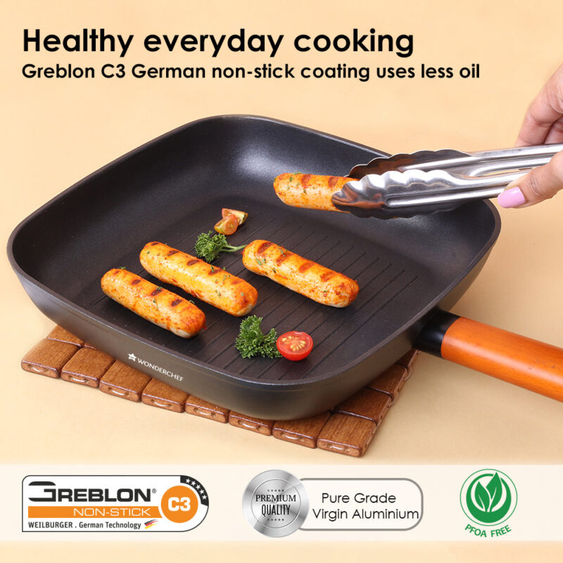 Caesar Forged Grill Pan, 24cm, Black, Greblon C3 Non-stick Coating, Virgin Aluminium, PFOA Free, German Beechwood Handles, Use for Grilling Tikkis, Breads, Rolls, Meat, Paneer - Image 5