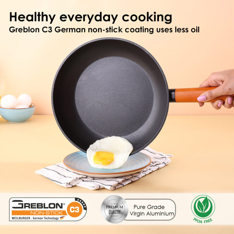 Caesar Forged Fry Pan, 24cm, Black, Healthy Greblon C3 Non-stick Coating, Made from Virgin Aluminium, PFOA Free, German Beechwood Handles, Use for Frying, Sauteing, Roasting, Easy to Clean - Image 4