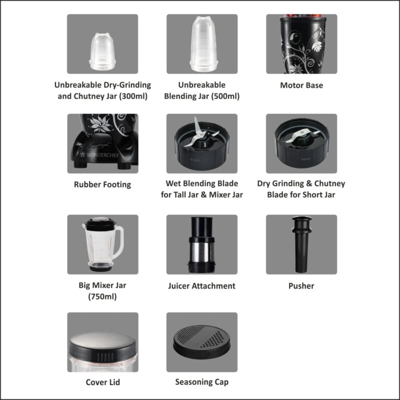 Nutri-blend, 400W, 22000 RPM Mixer-Grinder, Blender, SS Blades, 3 Unbreakable Jars With Juicer Attachment, 2 Years Warranty, Black, Online Recipe Book By Chef Sanjeev Kapoor - Image 4