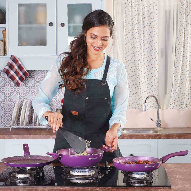 Blueberry Aluminium Non-Stick Cookware Set of 4 | Kadhai with Glass Lid 24cm, Fry Pan 24cm & Dosa Tawa 25cm | Induction Friendly Cookware | Soft Touch Handle | Pure Grade Aluminium | PFOA Free | 2 Year Warranty | Blue - Image 15