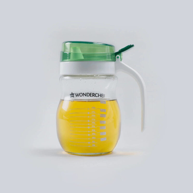 Oil Pourer Glass Bottle for Kitchen, Transparent Oil Pourer and Holder with Green Lid, Accurate Pouring without Wastage, 550ml - Image 10