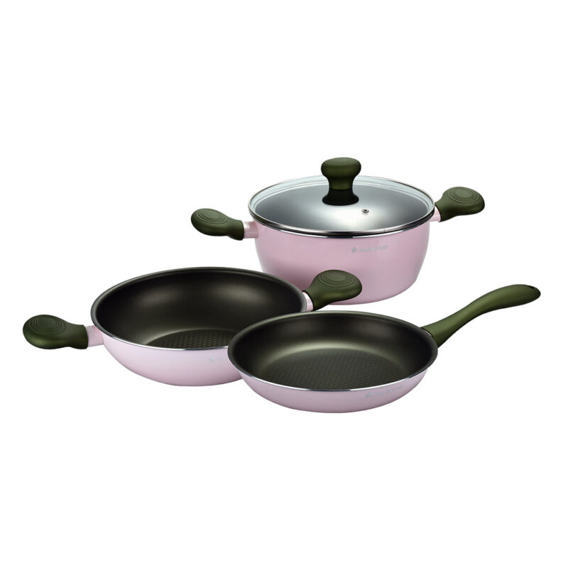 Olivia Spring Season Non-Stick Cookware Set of 3 | Kadhai with Glass Lid 24cm, Casserole with Lid 24cm & Fry Pan 24cm | Induction Bottom | Soft Touch Handles | Pure Grade Aluminium | PFOA Free | 2 Year Warranty | Pink - Image 5