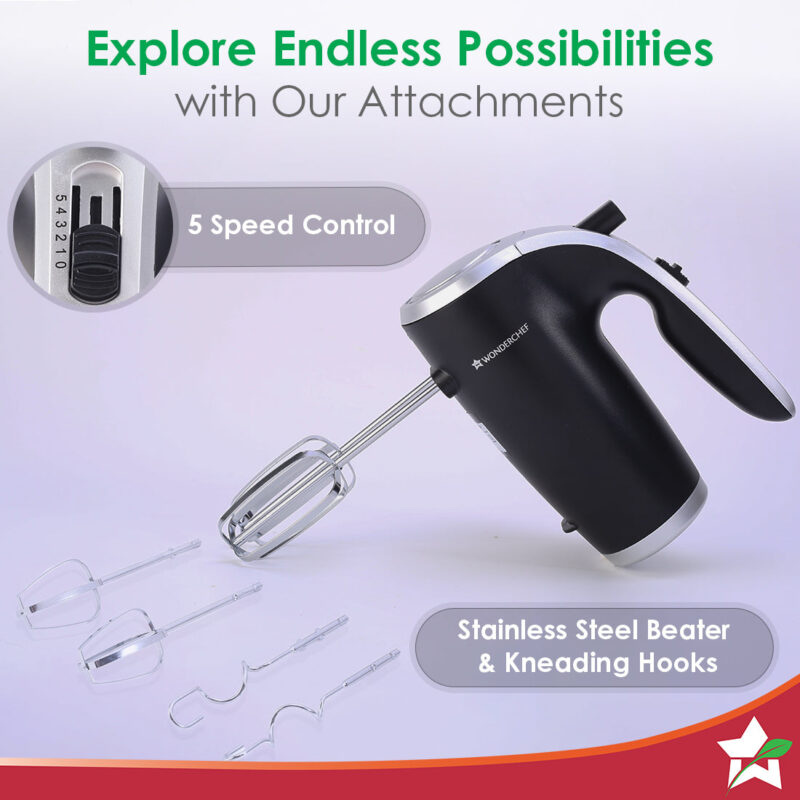 Onyx 5 Speed Electric Hand Mixer | 300W Powerful & Silent Copper Motor I Adjustable Slow Speed Start I Hand Blender | Stainless Steel Whisk Beaters and Dough Hooks | 1 Year Warranty |Whisk Eggs I Cake Mixer I Dough Maker I Bakeware I Black & Steel - Image 4