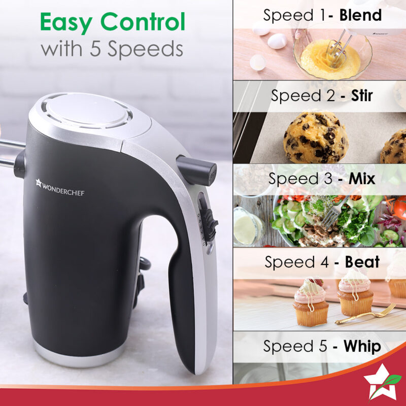 Onyx 5 Speed Electric Hand Mixer | 300W Powerful & Silent Copper Motor I Adjustable Slow Speed Start I Hand Blender | Stainless Steel Whisk Beaters and Dough Hooks | 1 Year Warranty |Whisk Eggs I Cake Mixer I Dough Maker I Bakeware I Black & Steel - Image 3