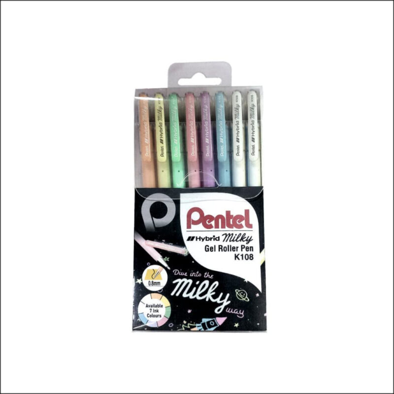 Pentel K108 0.8mm Hybrid Milky Roller Gel Pen - Multicolour Ink, Pack of 8