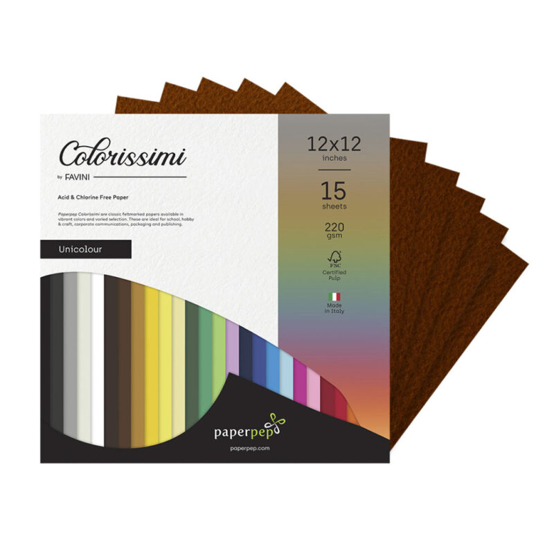Paper Pep Colorissimi Card Stock 220GSM 12"X12" Cioccolato (Chocolate Brown) Unicolor of 15 Sheets
