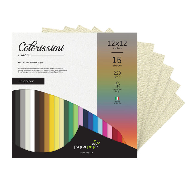 Paper Pep Colorissimi Card Stock 220GSM 12"X12" Avorio (Cream) Unicolor of 15 Sheets