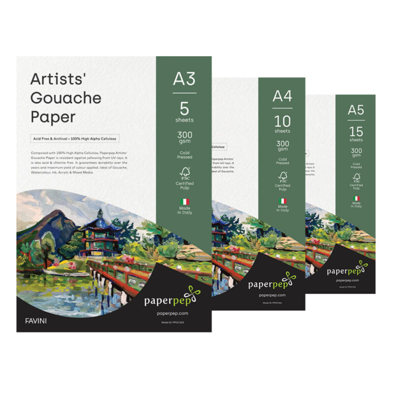 Paper Pep Artists' Gouache Paint Paper 300GSM Cold Pressed A3 (Pack of 5) + A4 (Pack of 10) + A5 (Pack of 15)