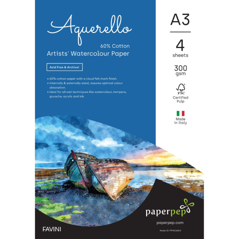 Paper Pep Artists' Aquerello 60% Cotton Watercolour Paper 300Gsm Cold Pressed A3 Pack Of 4