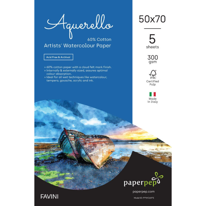 Paper Pep Artists' Aquerello 60% Cotton Watercolour Paper 300GSM Cold Pressed 50X70CM Pack of 5