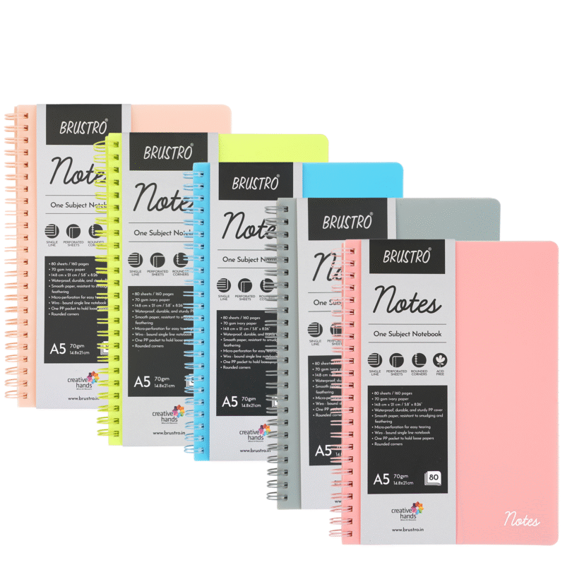 BRUSTRO Notes A5 Size,1 Subject Ruled Notebooks (Set of 5),80 sheets/160 pages,70 gsm ivory paper, Caramel/Aqua/Lime/Blush/Slate Cover, - Image 7