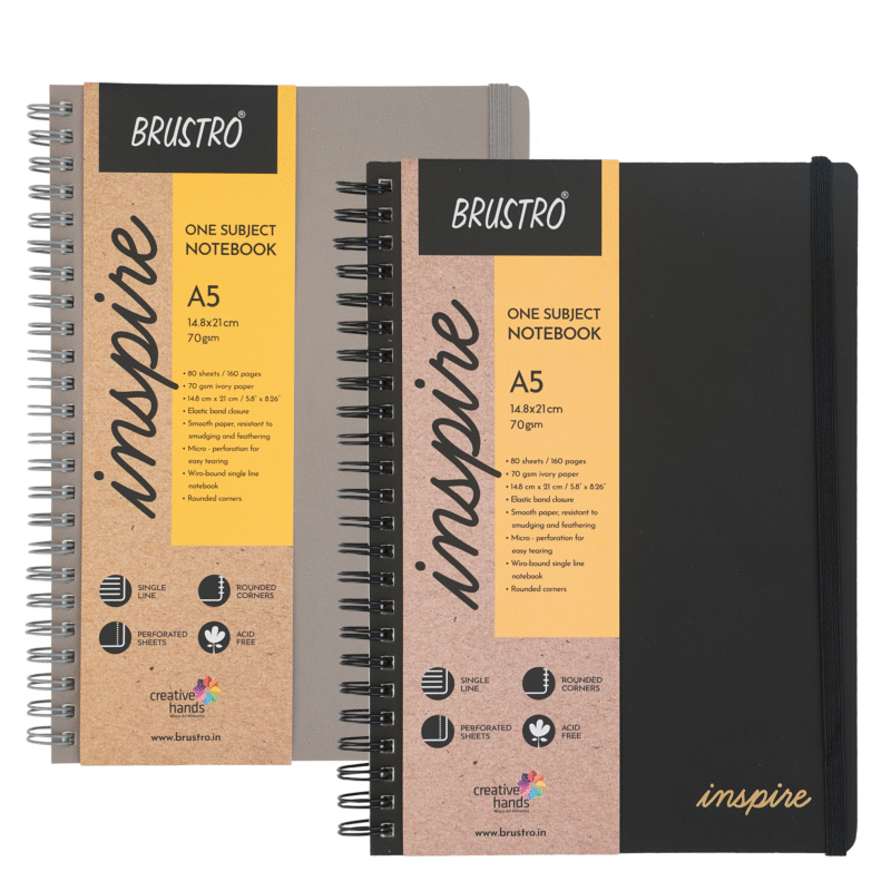 BRUSTRO Inspire A5 Size, 1 Subject Ruled Notebooks (Set of 2), 80 sheets/160 pages, 70 gsm ivory paper, Black/Grey Velvety Touch Cover - Image 6