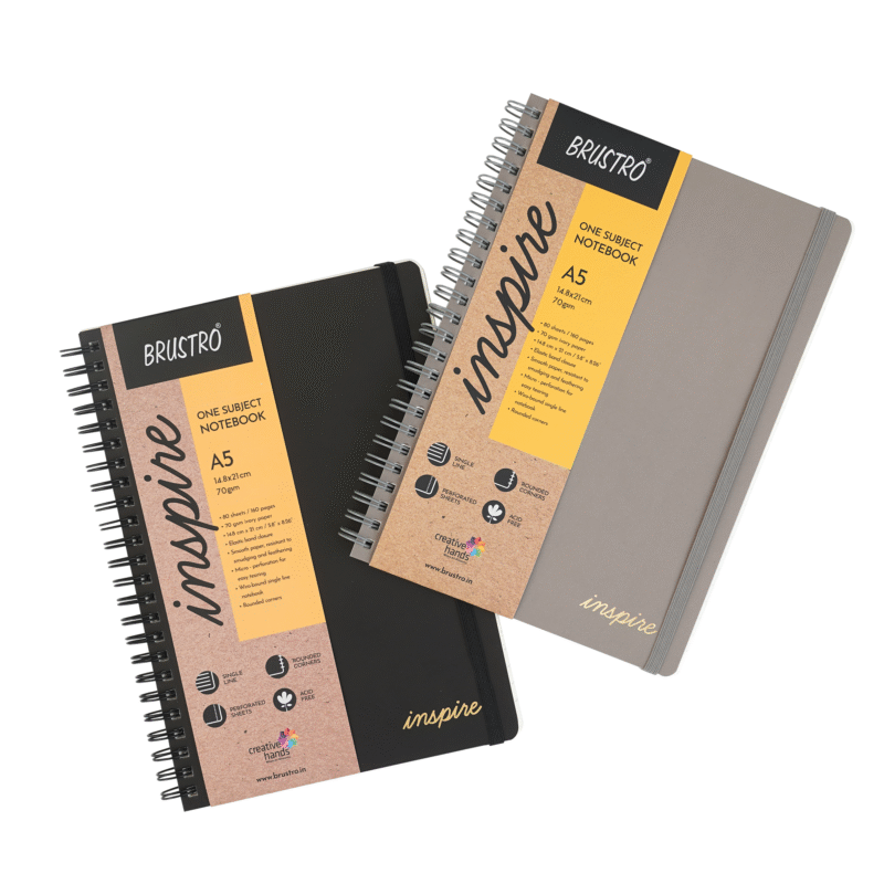 BRUSTRO Inspire A5 Size, 1 Subject Ruled Notebooks (Set of 2), 80 sheets/160 pages, 70 gsm ivory paper, Black/Grey Velvety Touch Cover - Image 2