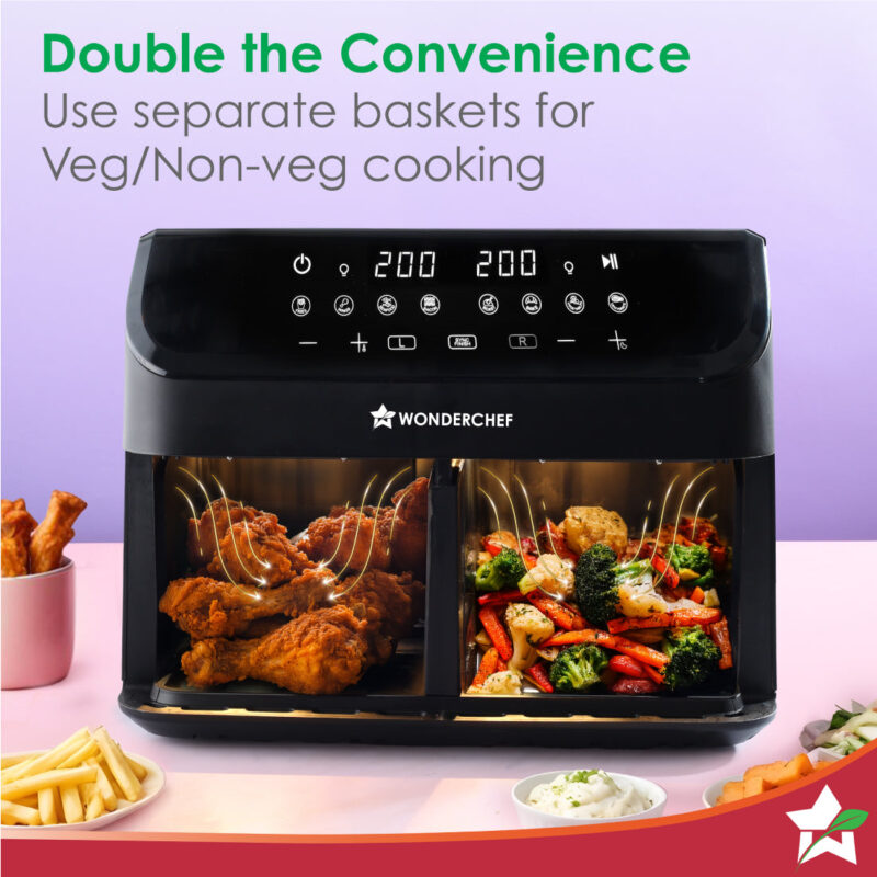 Regenta Digital Air Fryer with Dual Basket | 2000W, 9L | 2 Baskets for Different Types of Cooking | Healthy Food with Minimum Oil | Auto Resume & Shut-off | Touch Screen | 2 Year Warranty - Image 2