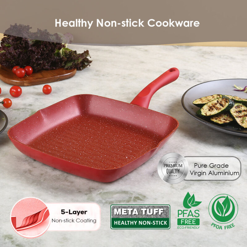 Royal Velvet Grill Pan 24cm Red + Teramo Qtr. Plates Set of 2, Gift Combo, For Family and Friends, Gift for Diwali and Festivals, House Warming - Image 4