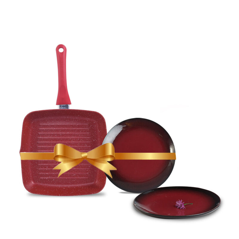 Royal Velvet Grill Pan 24cm Red + Teramo Qtr. Plates Set of 2, Gift Combo, For Family and Friends, Gift for Diwali and Festivals, House Warming - Image 6