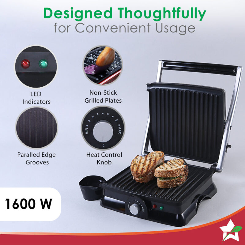 Sanjeev Kapoor Tandoor Family Size| Electric Contact Grill & Sandwich Maker| 3-in-1 Appliance|1600 Watt|180 Degree Grilling|Cool Touch Handle|Auto Shut Off|2 Year Warranty| Black & Silver - Image 3