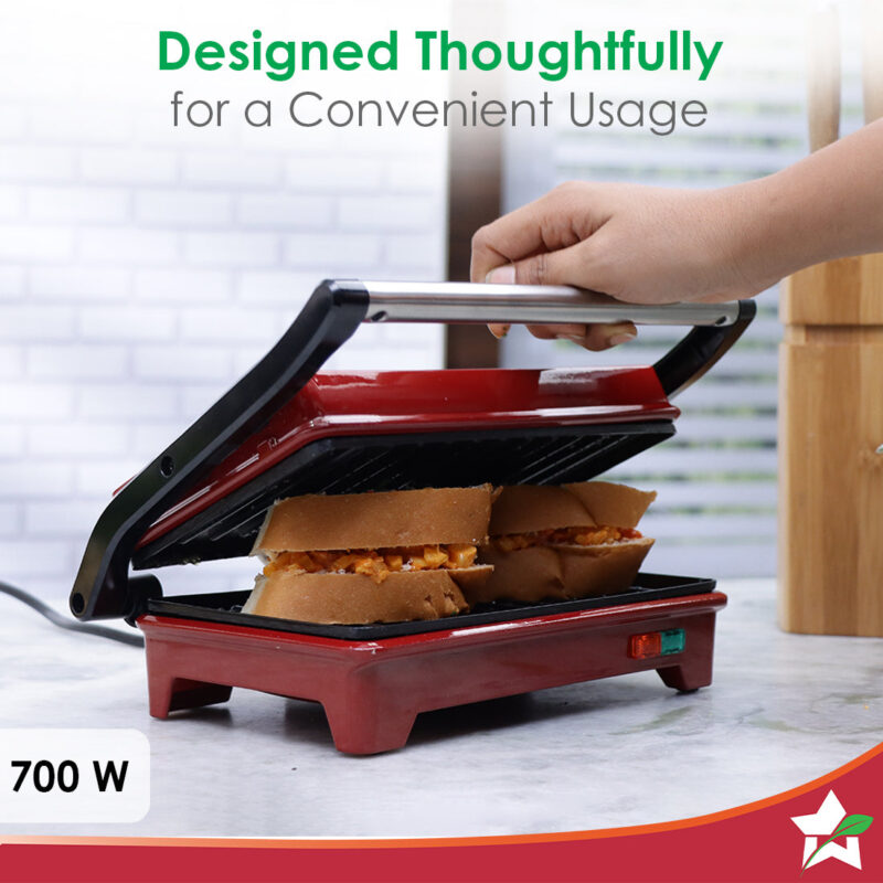Sanjeev Kapoor Tandoor Mini | Crimson Edge Electric Contact Grill & Sandwich Maker | 3-in-1 Appliance | 700 Watt | Healthy Non-Stick Coating | 1 Year Warranty | Red - Image 3