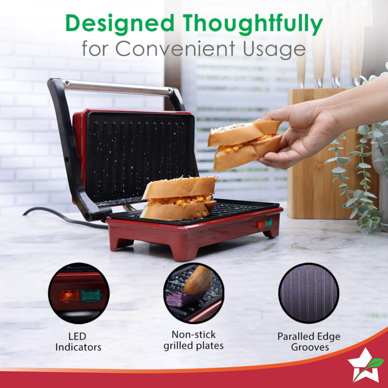 Sanjeev Kapoor Tandoor Mini | Crimson Edge Electric Contact Grill & Sandwich Maker | 3-in-1 Appliance | 700 Watt | Healthy Non-Stick Coating | 1 Year Warranty | Red - Image 4