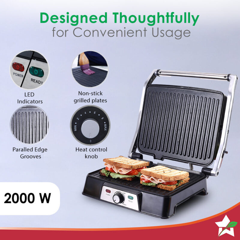 Wonderchef Renewed Sanjeev Kapoor Tandoor Professional | Electric Contact Grill & Sandwich Maker|3-in-1 Appliance | 2000 Watt | 180 Degree Grilling | Cool Touch Handle | LED Indicator | Black & Silver - Image 5