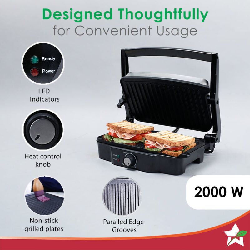 Wonderchef Renewed Sanjeev Kapoor Tandoor | Electric Contact Grill & Sandwich Maker | 3-in-1 Appliance | 1500 Watt | 180 Degree Grilling | Cool Touch Handle | Auto Shut Off | LED Indicator | Black & Silver - Image 5