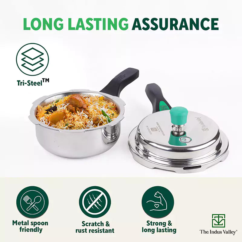 RapidCuk Tri-ply Stainless Steel 2-in-1 Pressure Cooker+ Frypan, Wide Shape, Premium Quality, 3 Layer Thick Body, Heavy Bottom, 100% Safe, ISI Certified, 5Yr Warranty, Induction & Gas, 2/3L - Image 6