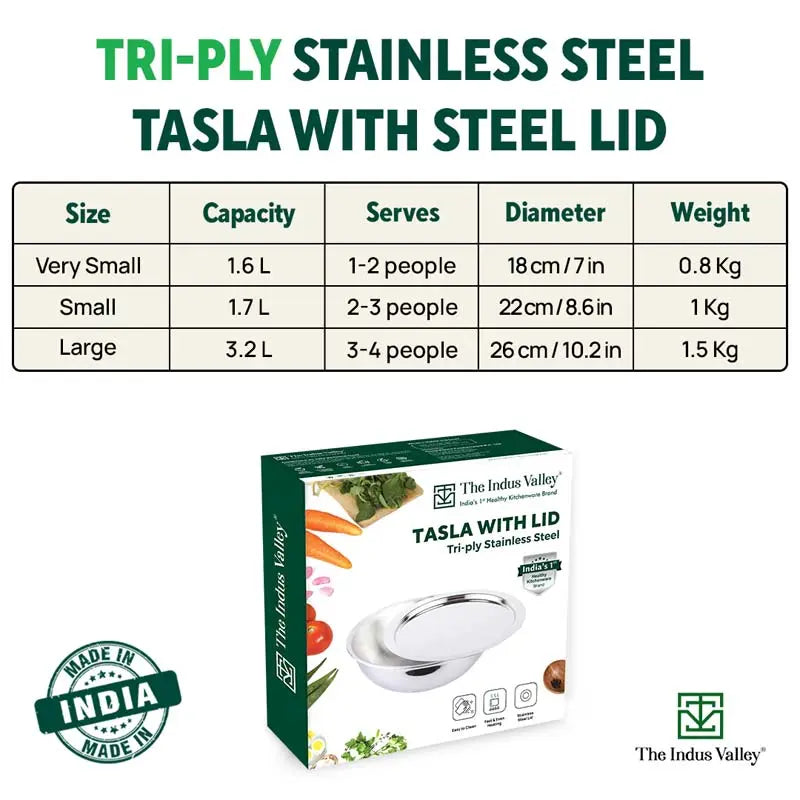 TurboCuk Tri-ply Stainless Steel Tasla/Tasra/ Patila+ Steel Lid, Cook & Serve, Premium Quality, 3 Layer Thick Body, 100% Toxin-free, Non-stick, Induction & Gas, 1.6/1.7/3.2L - Image 3