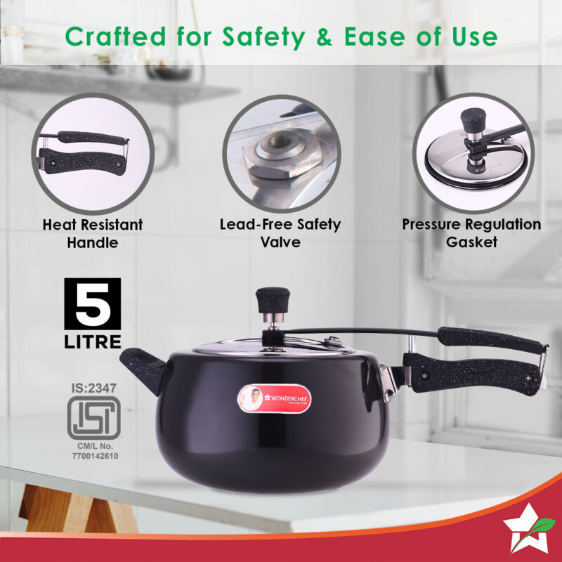 Taurus Hard Anodized 5L Inner Lid Pressure Cooker | Soft Touch Handles for Durability | Induction Friendly | Black - Image 2