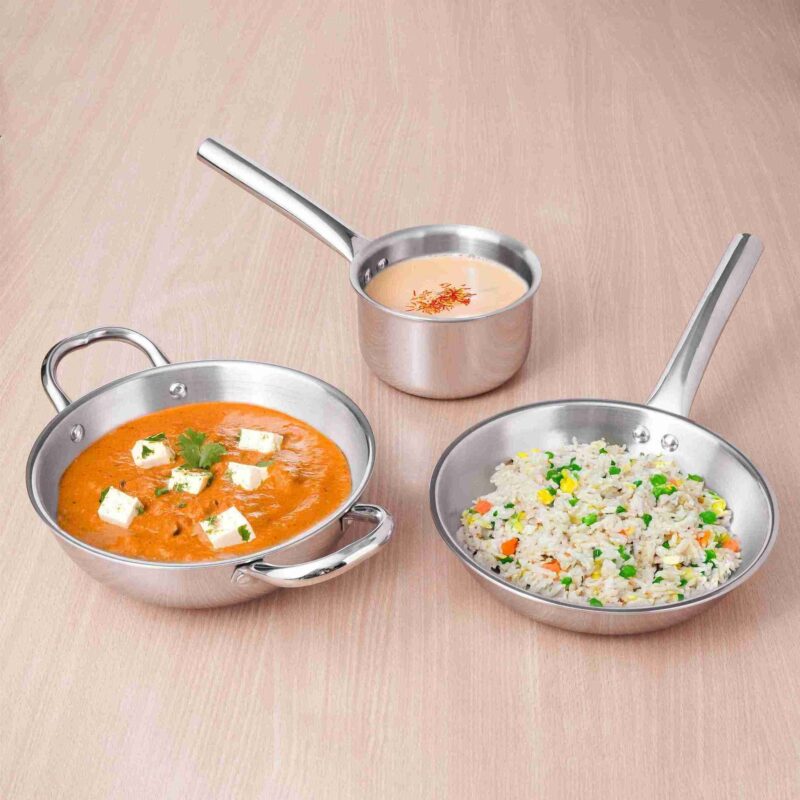 TurboCuk Tri-ply Stainless Steel Cookware Set: 2.2L Kadai+ 1.4L Frypan+  1.2L Tea/Milk pan, Premium Quality, 3 Layer Thick Body, 100% Toxin-free, Non-stick, Induction & Gas - Image 10