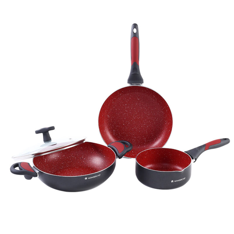 Burlington Aluminum Non-Stick Cookware 4 pc Set | Kadhai with Glass Lid 1.15L, Sauce Pan 2.6L, Fry Pan 1.7L | Induction Bottom | Soft Touch Handles | Pure Grade Aluminium | PFOA Free | 2 Year Warranty | Red/Black - Image 9