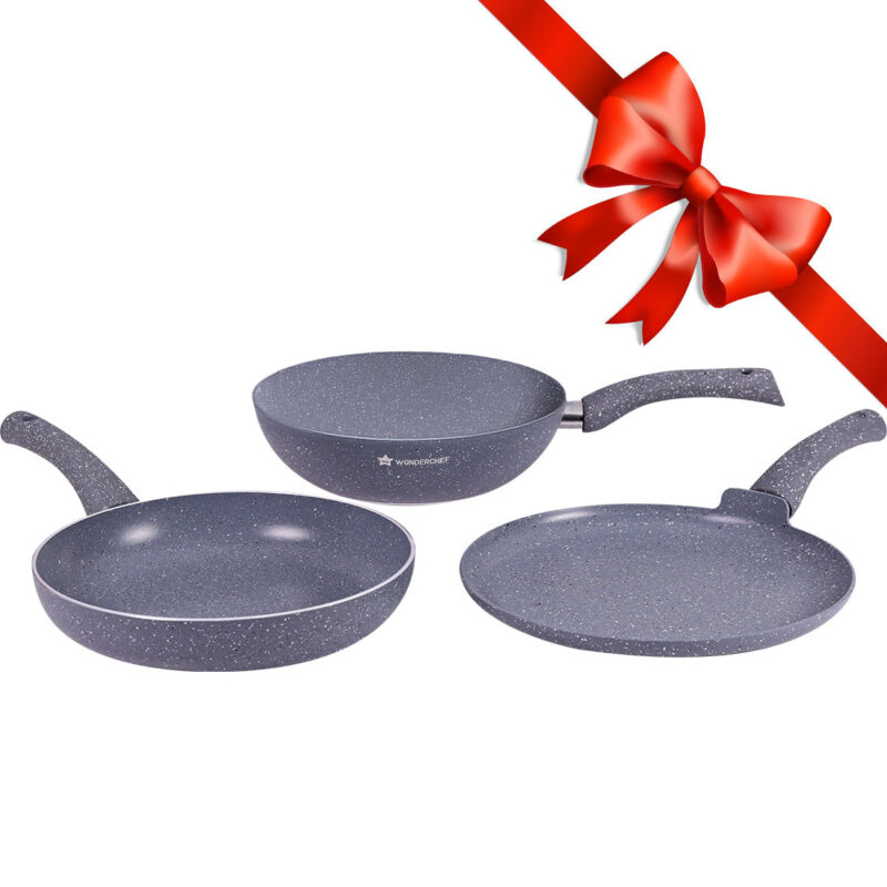 Wonderchef Renewed Granite 3-Piece Set | Wok (without Lid), Fry Pan & Dosa Tawa - Image 2