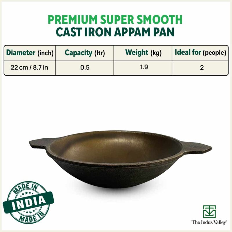 Super Smooth Cast Iron Appam Pan/Appachetty, Pre-seasoned, Nonstick, 100% Pure, Toxin-free, 22cm, 1.9kg - Image 4