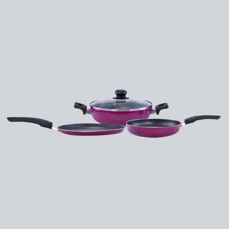 Trivia Premium Non-stick Cookware Set, 4Pc (Dosa Tawa, Fry Pan, Wok with Lid), Soft Touch Handle, Pure Grade Aluminum, PFOA Free, Induction Friendly, 2.6mm, 1 Years Warranty, Purple - Image 7