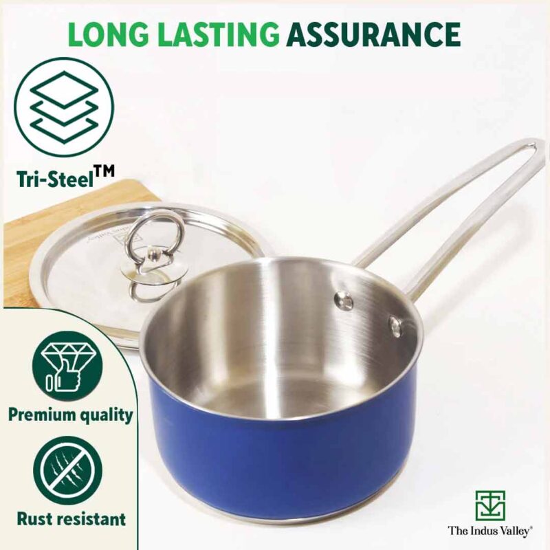Tri-Steel Premium Stainless Steel Saucepan/ Milk/ Tea Pan, Tri-ply (3 Layer) Induction Bottom, Steel Lid, 1.4L, Blue - Image 9