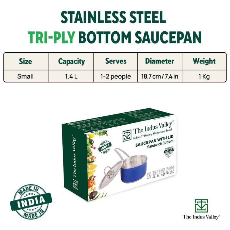 Tri-Steel Premium Stainless Steel Saucepan/ Milk/ Tea Pan, Tri-ply (3 Layer) Induction Bottom, Steel Lid, 1.4L, Blue - Image 2