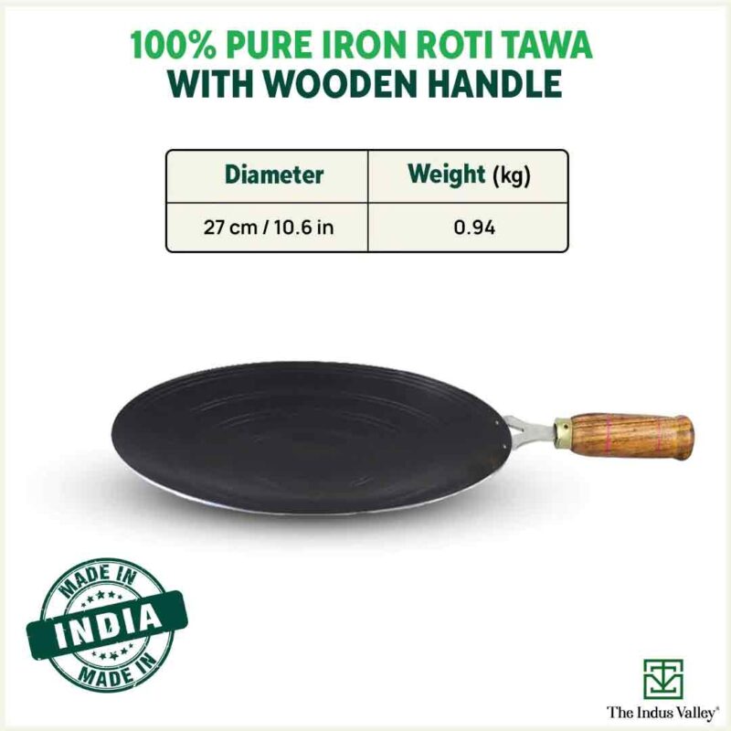 100% Pure Sheet Iron Tawa, Concave, Toxin-free, Seasoned, Wooden Handle, 25.5cm, 0.9kg - Image 2
