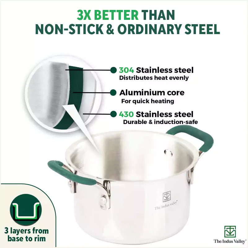 TurboCuk Tri-ply Stainless Steel Biryani Cooking Pot/Casserole, Premium Quality, 3 Layer Thick Body, Cool Silicone Handles, 100% Toxin-free, Non-stick, Induction & Gas, Free ₹110 Spatula, 2.9L - Image 4